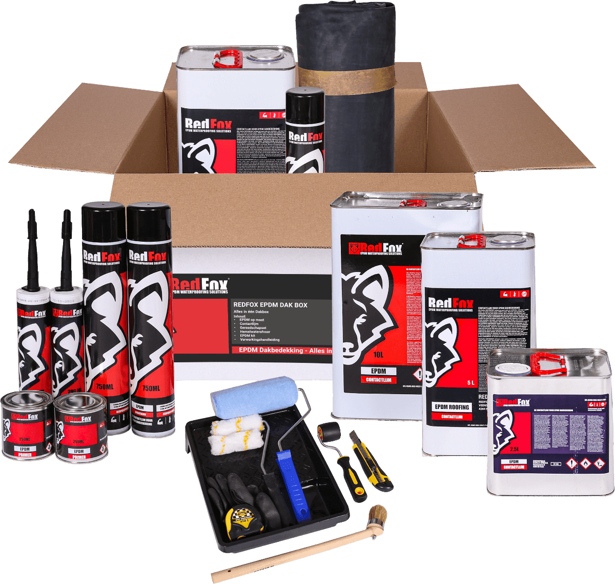 Redfox EPDM dakpakket: Amerikaanse EPDM-folie, contactlijm, kit, primer en gereedschap
